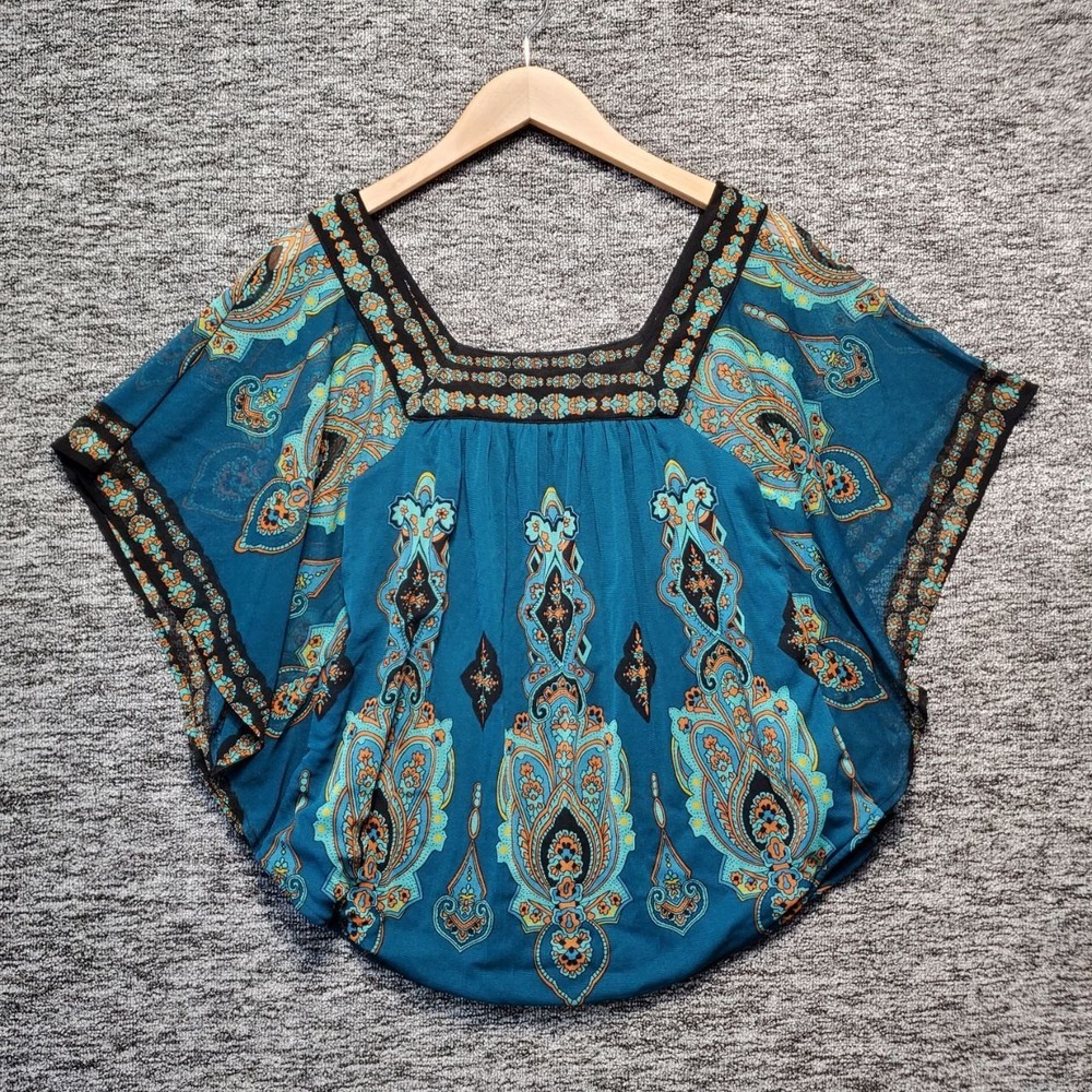 INC Paisley Medallion Kaftan Blouse Women S Teal Green Square Neck Boho Chic Top